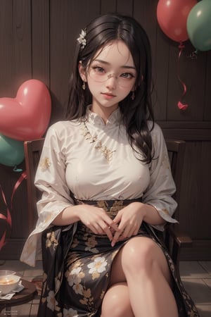 a young cute beautiful malaysian, in spa, she sitting at the chair crossed legs, she wear glasses with hair style, masterpiece, ultra realistic, 32k, sharp focus, realistic, wearing short kebaya and short batik, holding the balloon with heart shape and with text "I Love You Kimi" at balloon,