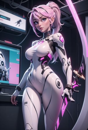 4K,hight resolution,One Woman,White pink hair,poneyTail,Colossal ,ninjartist,White Cybersuit,Cyber Sword,underground city