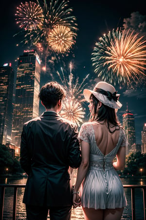A couple getting married, outdoor, landscape, fireworks in a sky, (From behind:1.2). Raw photo, depth of field, UHD, retina, masterpiece, super detail, high details, high quality, award winning, best quality, highres, 