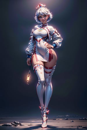 create a full body length of a 1girl, solo, young woman, huge boob, short hair, white hair, blue eyes, smiling, female focus, wearing queen crown, white jacket, white cheongsam, short cheongsam, mecha, wearing high heel, front view, standing confidently with spread leg and hands on hip, perfect hands, Hyper Detailed, Cinematic Lighting Photography capturing every intricate detail, shot on nvidia rtx for realism, showcasing super-resolution and rendered in Unreal 5. Enhanced with subsurface scattering and PBR texturing for a lifelike appearance, in stunning 32k UHD resolution.,PERFECT,FUTURISTIC