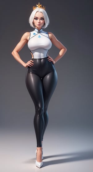 create a full body length of a 1girl, solo, young woman, huge boob, short hair, white hair, blue eyes, female focus, wearing queen crown, sleeveless, white cheongsam, short cheongsam, wearing leggings, wearing high heel, front side view, standing confidently with spread leg and hands on hip, photorealistic, 8k ultra hd,