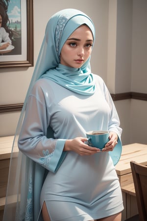 digital illustration painting on wet canvas of beautiful white moeslima woman,soft makeup,wearing soft blue color hijab and light blue blouse with green paisley print,holding a cup of lattee.bg well decorated cafe ,soft realism,soft painterly,modern soft pastel colors,bold stroke lines,white background,negative space,inspired by Alena Tkach