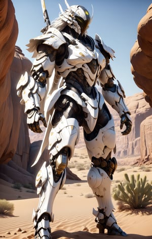 Masterpiece, Create a full body length of a warrior. In a desert.  Mechanical Armor. White armor. Firefly from: Star Rail. Extremely Realistic, Hyper Detailed, High quality, Cinematic Lighting Photography, nvidia rtx, super-resolution, unreal 5, subsurface scattering, pbr texturing, 32k UHD, Photorealistic, Hyperrealistic, Detailed, Octane, iso300.