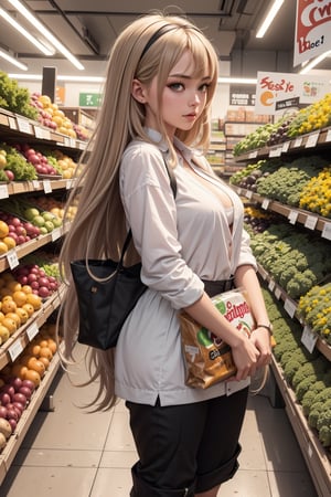 there is a woman standing in front of a produce section, getting groceries, shopping groceries, stood in a supermarket, in style of digital illustration, detailed fanart, high quality fanart, cartoon digital painting, in an anime style, official fanart, digital drawing, artwork in the style of guweiz, in the art style of bowater, in anime style, urban girl fanart