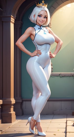 create a full body length of a 1girl, solo, young woman, huge boob, short hair, white hair, blue eyes, smiling, female focus, wearing queen crown, sleeveless, white cheongsam, short cheongsam, wearing leggings, wearing high heel, front side view, standing confidently with spread leg and hands on hip