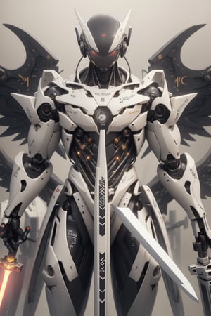 mecha, robot, no_humans, weapon, holding, sword, solo, wings, holding_weapon, mechanical_wings, beam_saber, v-fin, holding_sword, dual_wielding, science_fiction, grey_background, energy_sword, glowing