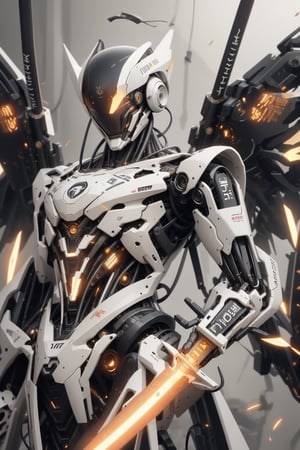 mecha, robot, no_humans, weapon, holding, sword, solo, wings, holding_weapon, mechanical_wings, beam_saber, v-fin, holding_sword, dual_wielding, science_fiction, grey_background, energy_sword, glowing