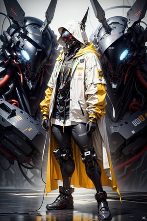 Create a full view length of a digital model poster in anime style featuring a young man with white hair, long hair, very long hair and blue eyes, wearing a king's crown, a hood, a hood up, a hooded jacket, a white jacket, a long jacket, a futuristic robe, black pants, a mouth mask, open clothes, an exosuit and wearing shoes, with a futuristic background, HDR, UHD, 64K resolution, stable diffusion