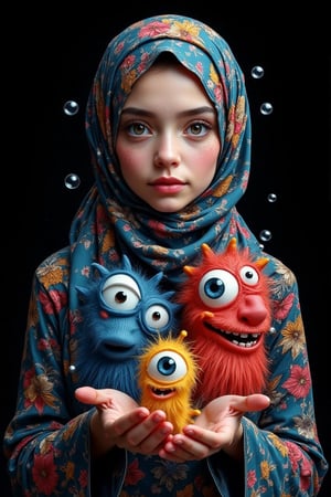 Create an image of a perfectly beautiful hijabi queen, she's surrounded by 3d doodle of cute monsters in the style of Doodleoo and both hands pinch the Doodleoo, bubbles and splash water against a black background with vibrant colors, high resolution, high detail, high quality , high contrast, professional photography, professional lighting, precise details, solid color background, masterpiece, best quality, highres, perfect artwork, best design award winner 