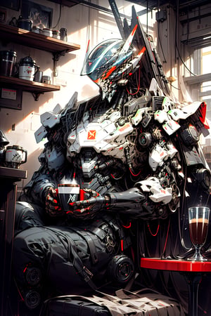 Military cyborg with human face, wear bulky metal glossy armor and red neon glass helmet. feeling cozy having cup of coffee . Style: Hyper-realistic, surreal, and cinematic. Render Engines: Vray and Octane. Lighting: Cinematic, with dramatic shadows. Pose: Dynamic cozy pose. Background: minimalist futuristic coffee house interior with other robots, Futuristic