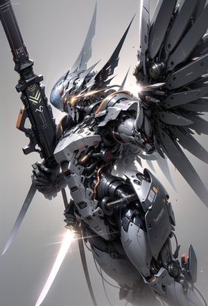mecha, robot, no_humans, weapon, holding, sword, solo, wings, holding_weapon, mechanical_wings, beam_saber, v-fin, holding_sword, dual_wielding, science_fiction, grey_background, energy_sword, glowing, holding the sword, Reflection Mapping, Realistic Figure, Hyper Detailed, Cinematic Lighting Photography, hdr, ray tracing, nvidia rtx, super-resolution, unreal 5, subsurface scattering, pbr texturing, post-processing, anisotropic filtering, depth of field, maximum clarity and sharpness, hyper realism, depth of field --ar 51:64 --niji 6 --style raw