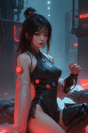 Sexy Pose , (masterpiece),(solo), 1 Japanese beauty, white hair ,  (high sexual attraction,long hair), in the dark night, (sexy Chinese Hanfu+body implants) ,(highly detailed background of ancient Indian achitechture with neon lights) ,Cyberpunk,Enhance,  Chinese fantasy art