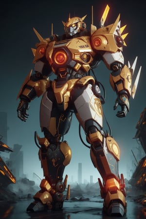 masterpiece,nijimecha,Golden samurai mechs,heavy mechs,heavy armor,energy cores,crystals,stubby limbs,glowing eyes,fire,glow,standing,taller,larger,no human,neon punk,Glitch Art,universe,