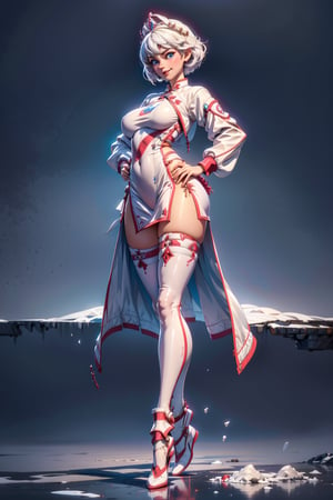 create a full body length of a 1girl, solo, young woman, huge boob, short hair, white hair, blue eyes, smiling, female focus, wearing queen crown, white jacket, white cheongsam, short cheongsam, mecha, wearing high heel, front view, standing confidently with spread leg and crossed arms, perfect hands,