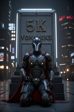 A photo of a futuristic cyborg in a full-body power suit made of black matte metal and polymer, with a full crystal hull. The suit is designed like a medieval knight, with a red cape. The suit is designed for a fit man and is imposing, modern, and futuristic. There are few parts of the suit that are glowing with neon lights, but the overall design is minimalistic. The cyborg is kneeling in front of a gigantic, large square marble testament tablet with the big cuneiform style fonts text "5K Vokabers". The background is a dystopian futuristic city at night. The overall image has a dystopian and mysterious ambiance.