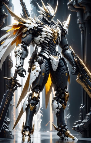 An white dragon Robot Mecha Soldier, Wearing Futuristic gold and black Soldier Armor and Weapons, with mechanical wing and holding the big sword, Reflection Mapping, Realistic Figure, Hyper Detailed, Cinematic Lighting Photography, nvidia rtx, super-resolution, unreal 5, subsurface scattering, pbr texturing, 32k UHD