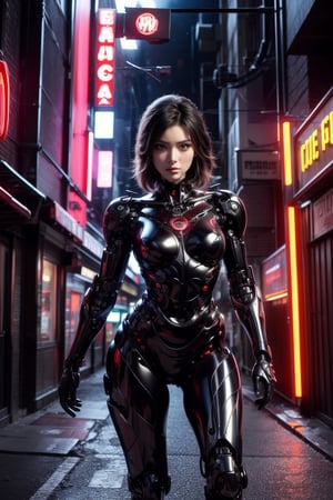 A cyborg detective with a cybernetic eye that can see through walls and detect hidden information, stalks through the neon-drenched streets of a futuristic city. Her expression is one of steely determination, her every step fueled by an unwavering pursuit of justice in a world where technology blurs the lines between right and wrong. cowboy shot.