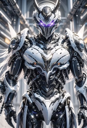Create image of a futuristic, biomechanical warrior standing majestically. The figure is predominantly ivory and metallic silver with orange-glowing intricate patterns resembling circuitry across the body. Style is detailed and hyper-realistic, textures suggesting both organic and synthetic materials. The warrior's armor is highly ornamental and segmented, comprising layered plate-like structures with curvilinear edges and sharp spikes. The helmet features elongated, horn-like protrusions that arch backwards and taper to fine points, with a V-shaped visor that obscures the eyes, emitting an orange glow. Proportions are heroic, slightly elongated and exaggerated, with broad shoulders and a tapered waist, creating an imposing presence. The armor's design is anatomical, with each piece following the form of the muscles beneath. The background is a deep space scene, predominantly black with soft white star highlights, providing contrast that emphasizes the figure. There are subtle nebulas with faint hints of blue and purple, adding depth but not distracting from the main subject. The foreground focuses on the figure, with no additional elements to challenge the dominance of the warrior. Light sources seem to come from multiple directions, creating dynamic lighting which accentuates the textures and details of the armor, especially the glowing patterns. multiple view (front, side and back views)