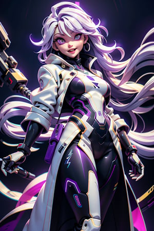 create of a full view length a android, mechanical arms, lightning, purple lightning, clouds, (dark theme:1.3), outstretched arms, wide eyed, limited pallete, cinematic lighting, backlight, white hair, absurdly long hair, hair over one eye, purple eyes, seductive smile, evil smile, wide-eyed, head tilt, white jacket, purple, purple theme, open mouth, constricted pupils, ,Futuristic