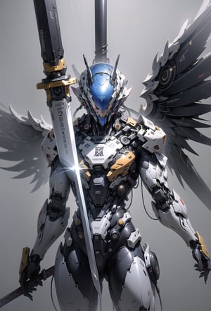 mecha, robot, no_humans, weapon, holding, sword, solo, wings, holding_weapon, mechanical_wings, beam_saber, v-fin, holding_sword, dual_wielding, science_fiction, grey_background, energy_sword, glowing, holding the sword, Reflection Mapping, Realistic Figure, Hyper Detailed, Cinematic Lighting Photography, hdr, ray tracing, nvidia rtx, super-resolution, unreal 5, subsurface scattering, pbr texturing, post-processing, anisotropic filtering, depth of field, maximum clarity and sharpness, hyper realism, depth of field --ar 51:64 --niji 6 --style raw