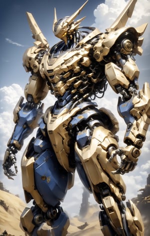 Create an image featuring a detailed, high-tech, mechanized figure resembling a robot in an action pose against a cloudy sky background. The robot is predominantly a deep navy blue with stark black shadows, creating a sense of depth and complexity. Gold and yellow accents, including intricate kanji characters and caution tape-style designs, add contrast and highlight various parts of the figure. The robot's head is angular with a prominent crest or horn, and its face is obscured by a shield or mask with the central kanji in gold. Its eyes are not visible, enhancing its enigmatic presence. The body is a complex array of plates, vents, and mechanical joints, underscoring the machine's advanced design. The limbs are thick and powerful, with segments that suggest hydraulic or pneumatic functionality, while tapered fingers suggest dexterity. Light glints off various surfaces of the robot, suggesting a mix of matte and metallic textures. The gold accents shimmer slightly, especially the kanji, which appears to be a focal point highlighted across the body. The clouds in the background are soft, with the sky transitioning from pale blue at the top to white where it meets the figure, allowing the robot to stand out starkly. The palette is cool with a focused use of warmer gold hues to provide visual interest and guide the eye through the composition.