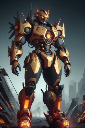 masterpiece,nijimecha,Golden samurai mechs,heavy mechs,heavy armor,energy cores,crystals,stubby limbs,glowing eyes,fire,glow,standing,taller,larger,no human,neon punk,Glitch Art,universe,