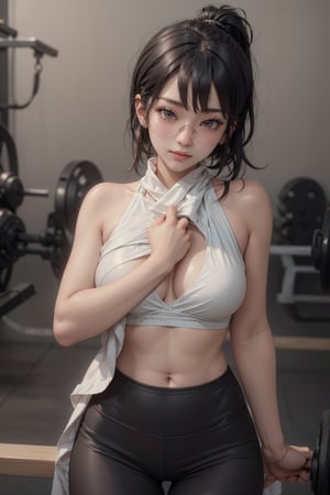 a young cute beautiful malaysian, in gym, behind pose, she wear glasses, masterpiece, ultra realistic, 32k, sharp focus, realistic, wearing athleisure, holding a towel, hair tied,