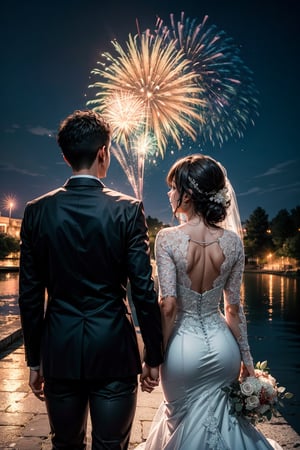 A couple getting married, outdoor, landscape, fireworks in a sky, (From behind:1.2). Raw photo, depth of field, UHD, retina, masterpiece, super detail, high details, high quality, award winning, best quality, highres, 