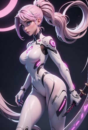 4K,hight resolution,One Woman,White pink hair,poneyTail,Colossal ,ninjartist,White Cybersuit,Cyber Sword,underground city