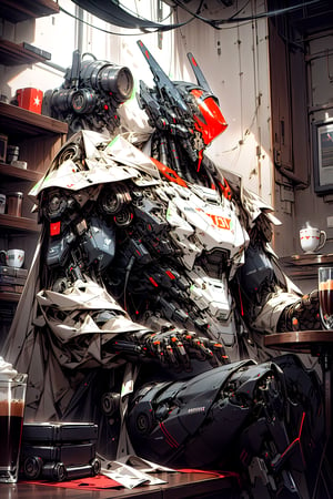 Military cyborg with human face, wear bulky metal glossy armor and red neon glass helmet. feeling cozy having cup of coffee . Style: Hyper-realistic, surreal, and cinematic. Render Engines: Vray and Octane. Lighting: Cinematic, with dramatic shadows. Pose: Dynamic cozy pose. Background: minimalist futuristic coffee house interior with other robots, Futuristic