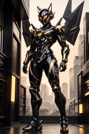 full body view, black and gold color, a sleek mecha foxboy warrior, with sleek and cybernatic foxboy helmet with fox ear design, cybernatic wings, cybernatic scythe, inticated, glossy gold, ultra sharp, full cybernatic, fighting stance on the roof top buiding of cybernatic city, low angle shot, action pose, photo-ultrarealistic, dramatic, vivid colors, sharp focus, HDR, UHD, 16mm, color graded Portra 400 film, extreme colors, Hyper Detailed, Cinematic Lighting Photography cap