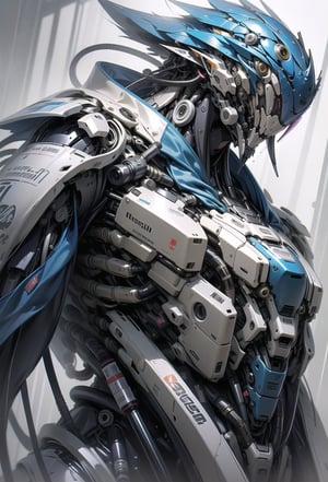 imagine cyberbots chrome skin enforcement kingfisher robot with his android rider, glass porcelain intricate mechanical detail, iconic photography, --niji 6 --sty --niji 6 --style raw