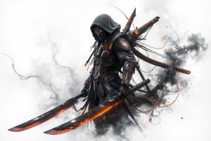 line art 2.5D anime style, an ninja assassin,.wear hoodie, wear a  half assassin mask, wield a dual blade with grip at center part, curving like a moon shape, white background, fully with smoke and foggy (line stroke style), the art mixing with black, white, orange and red colors