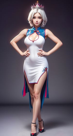 create a full body length of a 1girl, solo, young woman, huge boob, short hair, white hair, blue eyes, female focus, wearing queen crown, sleeveless, white cheongsam, short cheongsam, wearing stoking, wearing high heel, front side view, standing confidently with spread leg and hands on hip, photorealistic, 8k ultra hd,