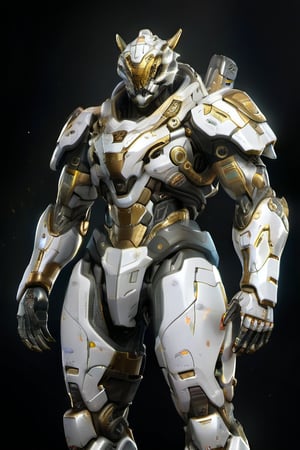 Create an poster image full lenght of a white dragon Robot Mecha Soldier, wearing Futuristic gold and white Soldier Armor and Weapons, Reflection Mapping, Realistic Figure, Hyper Detailed, Cinematic Lighting Photography, hdr, ray tracing, nvidia rtx, super-resolution, unreal 5, subsurface scattering, pbr texturing, post-processing, anisotropic filtering, depth of field, maximum clarity and sharpness, hyper realism, depth of field --ar 51:64 --niji 6 --style raw