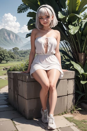 (Risteena Munim 1:1), 18 years old girl, instagram celebrities, detailed blue eyes, short wavy hair, white hair, short front bangs hair, messy hair, strapless tanktop short dress, sneakers shoes, wet clothes, HD, 8K, in the morning, walking at indonesian village, dirt path, rice fields, banana trees, mountains view, sitting on the edge of the ponds, showing beautifull thigh, headband,from front,
1girl, most beautiful russian girl, Russian beauty model, stunningly beautiful girl, gorgeous girl, over sized eyes, big eyes, smiling, looking at viewer