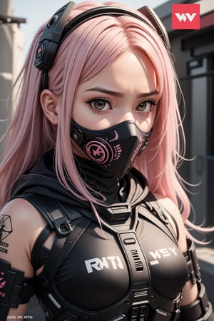 A comic cover with pink tittle text "CALL OF DUTY" written in vibrant pink grunge brush font depicting anime style extreme close up, 3/4 quarter profile, Malay woman wearing a tattered hood with intricate skull-patterned mask covering her mouth and nose stares intensely into the distance, gripping aiming a target with a sniper rifle.Brown eyes, Long, ethereal pink hair cascades from beneath the hood, contrasting with the dark, muted tones of the clothing ,on the bottom is a red text "Kimi Shinoda" , flat yellow background