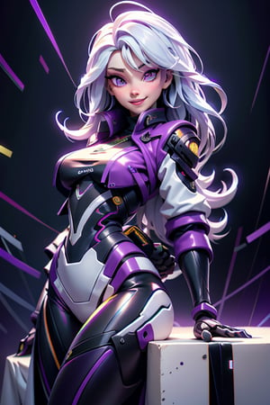 full view length of a android, mechanical arms, lightning, purple lightning, clouds, (dark theme:1.3), outstretched arms, wide eyed, limited pallete, cinematic lighting, backlight, white hair, absurdly long hair, hair over one eye, purple eyes, seductive smile, evil smile, wide-eyed, head tilt, white jacket, purple, purple theme, open mouth, constricted pupils, sitting with hands on hip, front view, from front, stable diffusion, HDR, UHD, 32K 