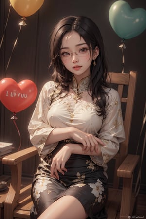 a young cute beautiful malaysian, in spa, she sitting at the chair crossed legs, she wear glasses with hair style, masterpiece, ultra realistic, 32k, sharp focus, realistic, wearing short kebaya and short batik, holding the balloon with heart shape and with text "I Love You Kimi" at balloon,