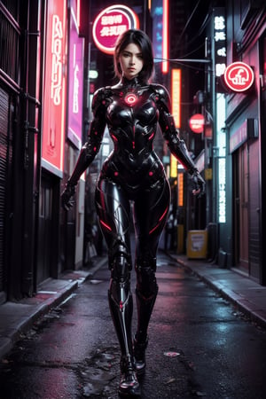 A cyborg detective with a cybernetic eye that can see through walls and detect hidden information, stalks through the neon-drenched streets of a futuristic city. Her expression is one of steely determination, her every step fueled by an unwavering pursuit of justice in a world where technology blurs the lines between right and wrong