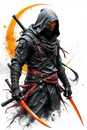 line art 2.5D anime style, an ninja assassin,.wear hoodie, wear a  half assassin mask, wield a dual blade with grip at center part, curving like a moon shape, white background, fully with smoke and foggy (line stroke style), the art mixing with black, white, orange and red colors