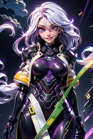 android, mechanical arms, lightning, purple lightning, clouds, (dark theme:1.3), outstretched arms, wide eyed, limited pallete, cinematic lighting, backlight, white hair, absurdly long hair, hair over one eye, purple eyes, seductive smile, evil smile, wide-eyed, head tilt, white jacket, purple, purple theme, open mouth, constricted pupils, ,Futuristic