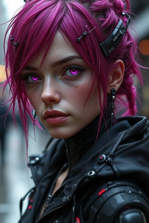 Pretty female android with colored magenta eyes, magenta hair, wearing a black jacket, cyberpunk, outdoor, street, hyperrealism, photorealistic, 8k, unreal engine, 3d render --ar 9:16 --niji 5 --style expressive --s 400