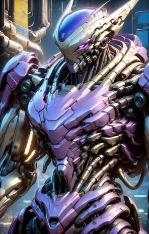 A close-up of a robot wearing a helmet, cyberpunk art by Android Jones, cgsociety, computer art, intricate detail, vibrant colors, neon lighting, futuristic design, high-tech textures, and a metallic finish. The image features a dynamic camera angle with dramatic lighting creating depth and highlighting the robot's detailed surfaces. The color palette includes vivid blues, purples, and greens, contributing to the overall mood of a high-tech, cyberpunk future. Extremely Realistic, Hyper Detailed, Cinematic Lighting Photography capturing every intricate detail, shot on nvidia rtx for realism, showcasing super-resolution and rendered in Unreal 5. Enhanced with subsurface scattering and PBR texturing for a lifelike appearance.