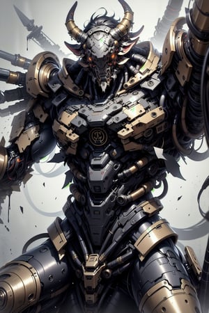 Close up of a warrior cow wearing a cybernetic suit with Warcraft elements, holding big guns in a dynamic fighting action pose. The colors are royal gold and royal white, inspired by Warcraft games.