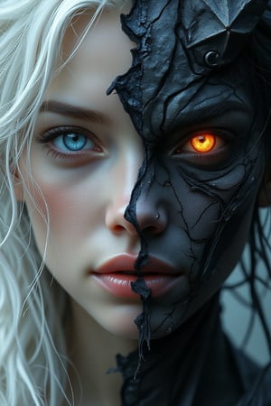 
This digital artwork showcases a strikingly detailed portrait of a female character embodying the theme of duality through a mesmerizing split face. The left side of her face resembles that of a human, featuring flawless fair skin that seems to glow, cascading long white hair that flows gracefully around her shoulders, and a piercing blue eye that radiates an ethereal, serene aura, almost sparkling as it captures the light. In stark contrast, the right side reveals a demonic visage, with dark, textured skin that appears almost alive, rich with depth and shadow. A bright, fiery orange eye gleams with a fierce intensity, hinting at hidden power and malevolence. Prominently featured is a prominent black horn that curves dramatically upwards, its surface detailed with ridges and patterns that catch the ambient light. The split between the two halves is vertical and irregular, resembling a jagged fissure that adds to the dynamic tension of the piece. The background is artfully blurred, creating a dreamlike quality that enhances the focus on the character's face. The image is rich in intricate details, with subtle textures in the skin and hair, combined with expertly crafted lighting effects that emphasize the dramatic contrast between the two halves, resulting in a visually captivating composition that draws the viewer in and evokes a sense of wonder and intrigue.,darklord armour