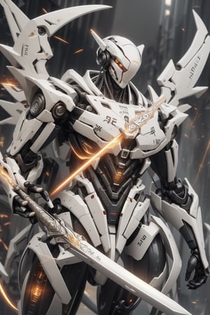 mecha, robot, no_humans, weapon, holding, sword, solo, wings, holding_weapon, mechanical_wings, beam_saber, v-fin, holding_sword, dual_wielding, science_fiction, grey_background, energy_sword, glowing