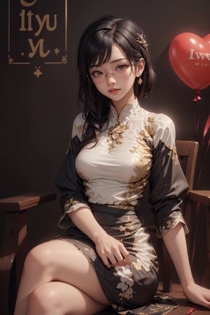 a young cute beautiful malaysian, in spa, she sitting at the chair crossed legs, she wear glasses with hair style, masterpiece, ultra realistic, 32k, sharp focus, realistic, wearing short kebaya and short batik, holding the balloon with heart shape and with text "I Love You Kimi" at balloon,