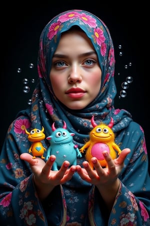 Create an image of a perfectly beautiful hijabi queen, she's surrounded by 3d doodle of cute monsters in the style of Doodleoo and both hands pinch the Doodleoo, bubbles and splash water against a black background with vibrant colors, high resolution, high detail, high quality , high contrast, professional photography, professional lighting, precise details, solid color background, masterpiece, best quality, highres, perfect artwork, best design award winner 