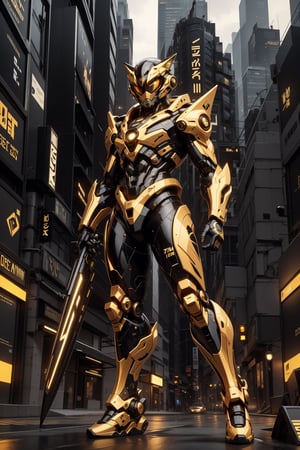 full body view, black and gold color, a sleek mecha foxboy warrior, with sleek and cybernatic foxboy helmet with fox ear design, cybernatic wings, cybernatic scythe, inticated, glossy gold, ultra sharp, full cybernatic, fighting stance on the roof top buiding of cybernatic city, low angle shot, action pose, photo-ultrarealistic, dramatic, vivid colors, sharp focus, HDR, UHD, 16mm, color graded Portra 400 film, extreme colors, Hyper Detailed, Cinematic Lighting Photography